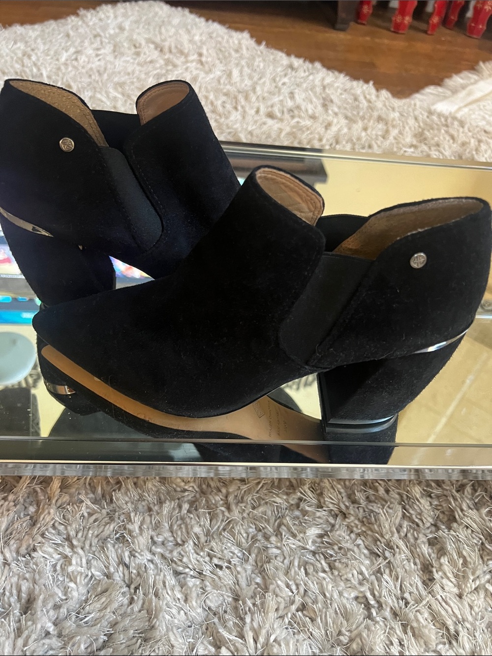 ANTONIO MELANI Black Suede Ankle Booties with Metallic Accent